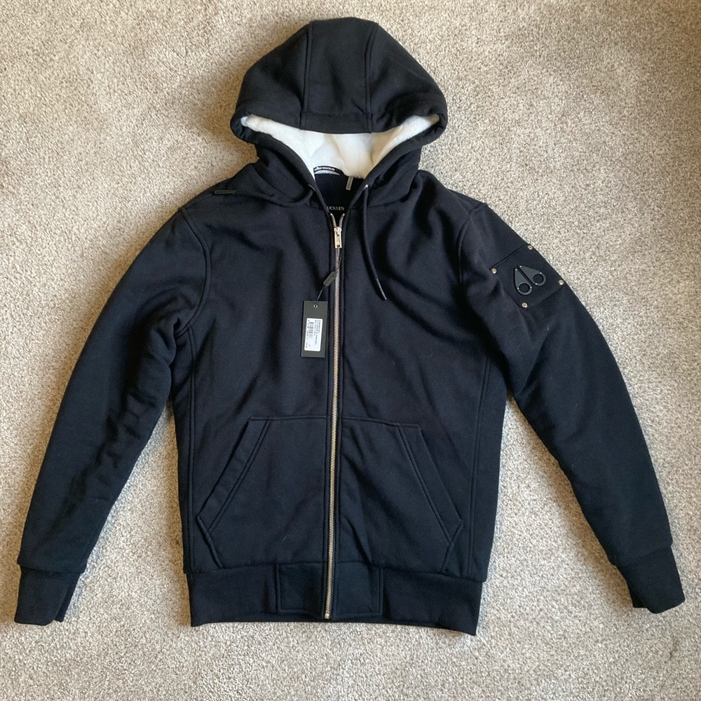 Moose Knuckles Black Bunny Hoodie w/White Faux Fur Trim